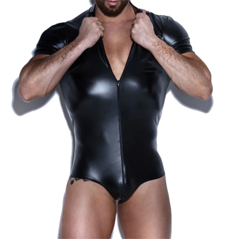 

Mens Bodysuits PU Leather Latex Shorts Sleeve Jumpsuits Sexy Zipper Wrestling Singlet Undershirts Leotard Wet Look Clubwear
