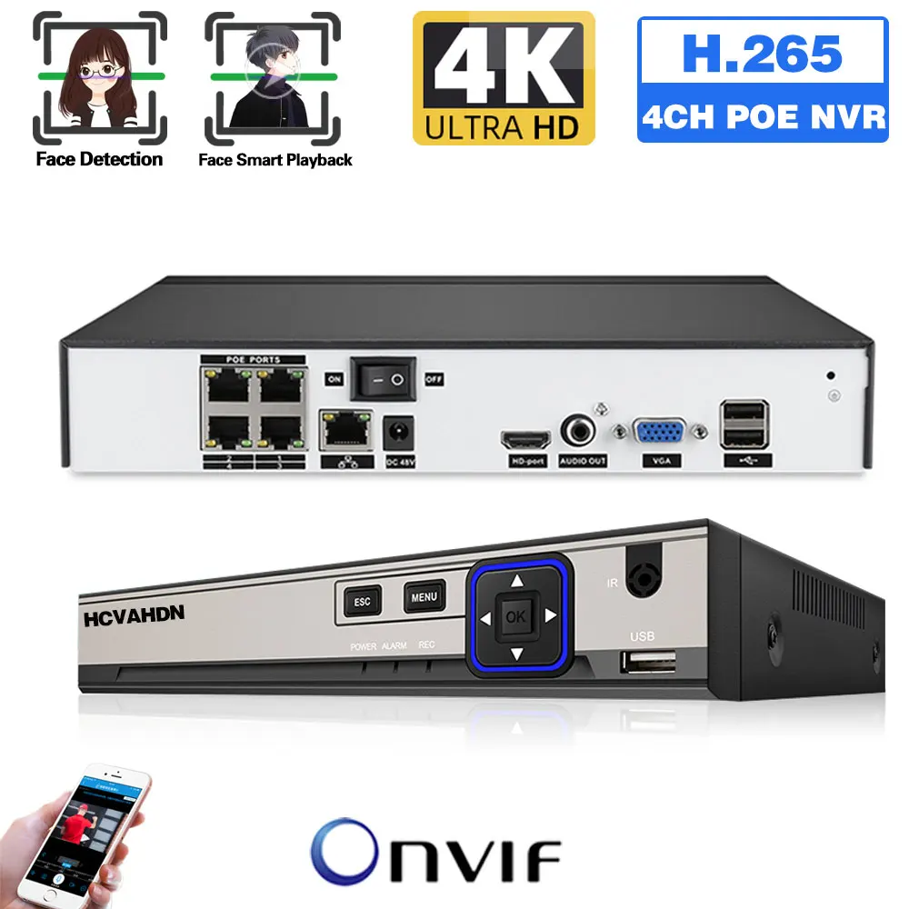 

4K POE NVR IP Video Recorder 4CH Face Detection CCTV Security Surveillance Recorder for IP Camera System XMEYE 4 Channel NVR 8MP