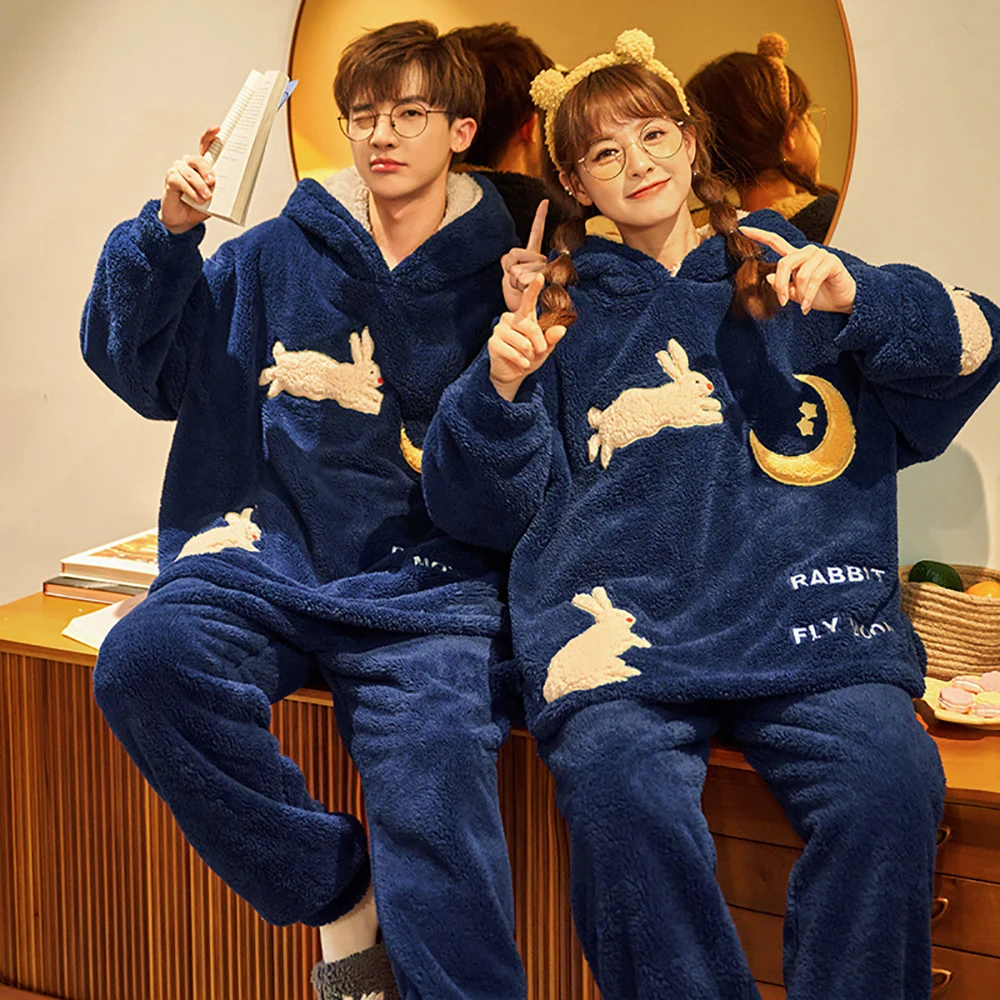 Winter Men's Warm Pajama Sets Thick Flannel Pyjama Fashion Hooded Autumn Couple Male Pijama Cartoon Pajamas for Men Sleep Tops