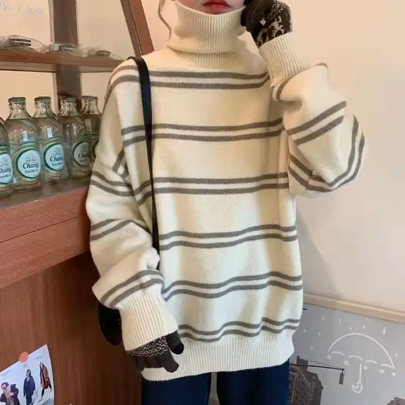 

2021 Autumn and Winter New Striped Turtle Neck Women Lazy Loose Academic Style Matching Joker Fashion Pullover