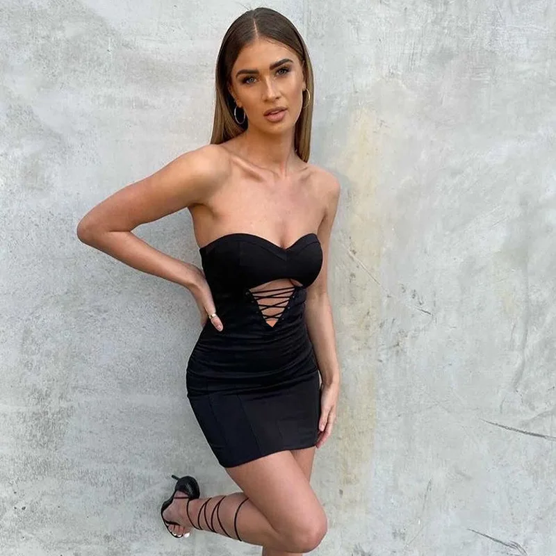

Women’s Sexy Strapess Dress Fashion Classic Off-the-shoulder Black Short Dress Party Club Wear Cut Out Hollow Skinny Wrap Dress