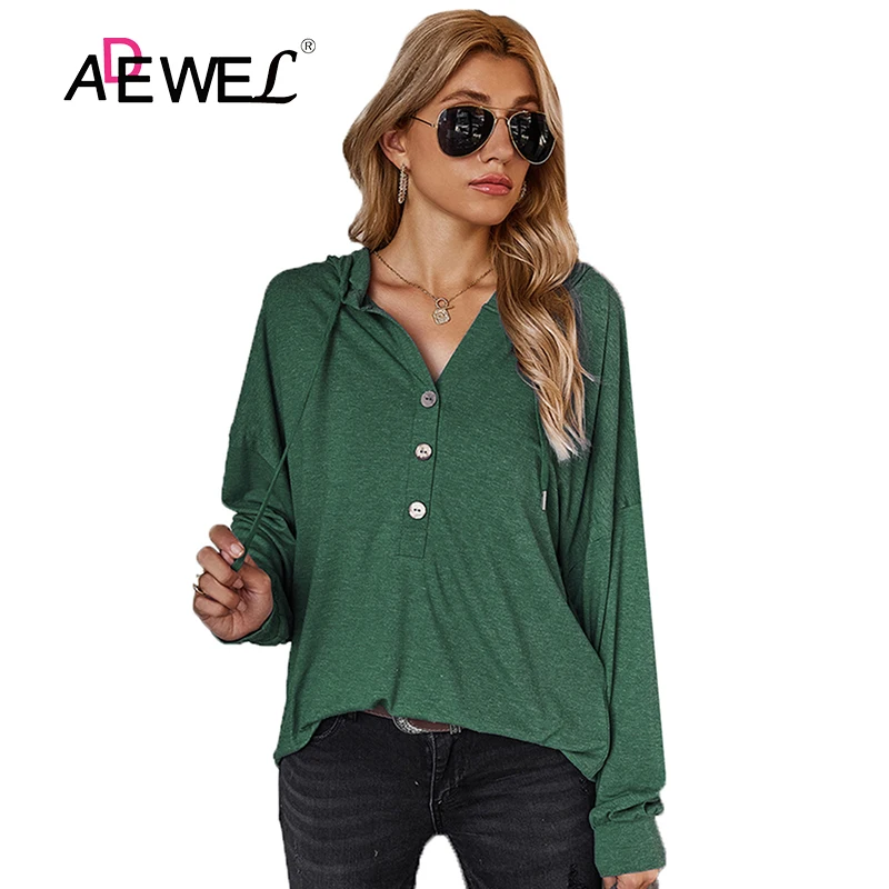 

ADEWEL 2020 Autumn And Winter Hooded Button Solid Color Long Sleeve Women Clothes Kobieta Swetry Oversize Bluza Damska XL