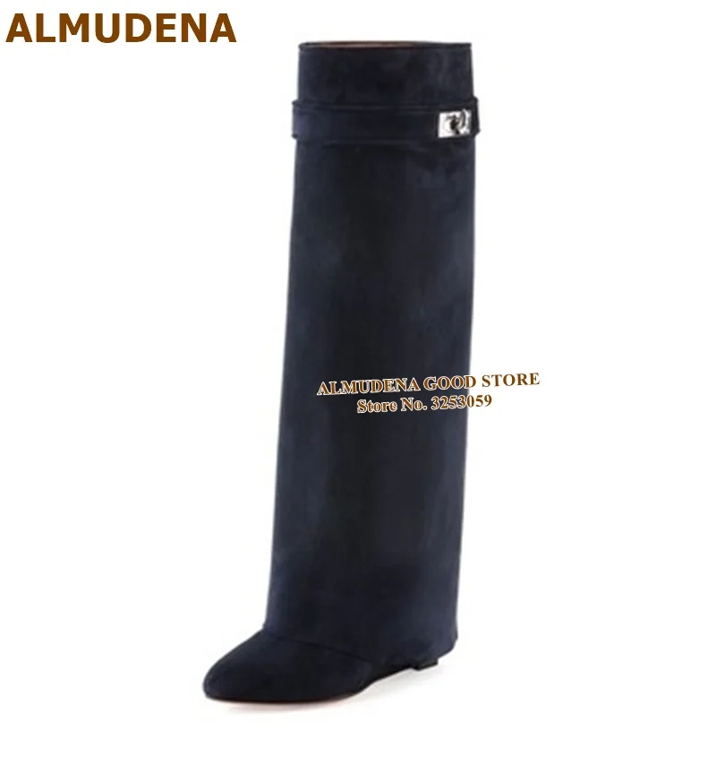navy blue suede ALMUDENA/Новые высокие сапоги до колена из замши телесного цвета с замком в виде акулы высокие сапоги на танкетке с металлическим украшением Прямая поставка - Цвет: navy blue suede
