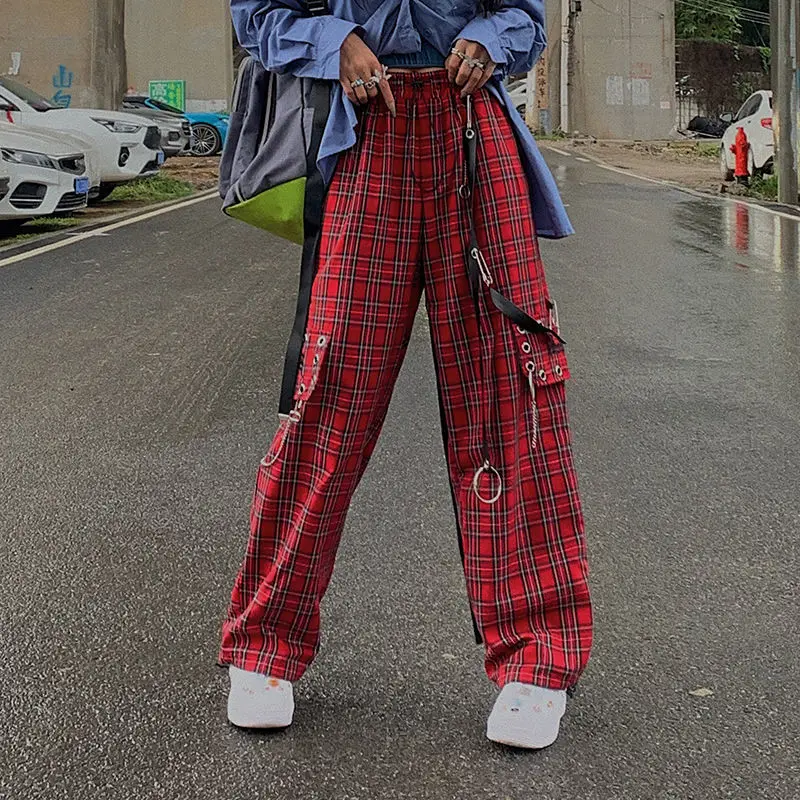 

Punk Cargo Plaid Pants Women Gothic Harajuku Red Checkered Wide Leg Trousers for Female Autumn Streetwear Hippie Fashion E Girl