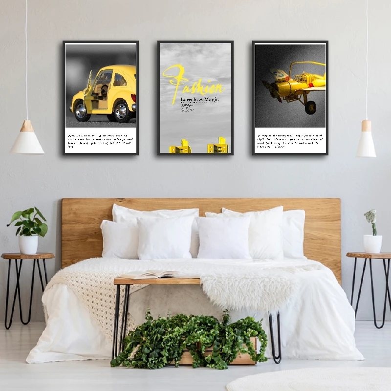

Abstract Modern Style Golden Airplane Car and Model English Letter Wall Art Canvas Painting for Living Room Corridor Decoration