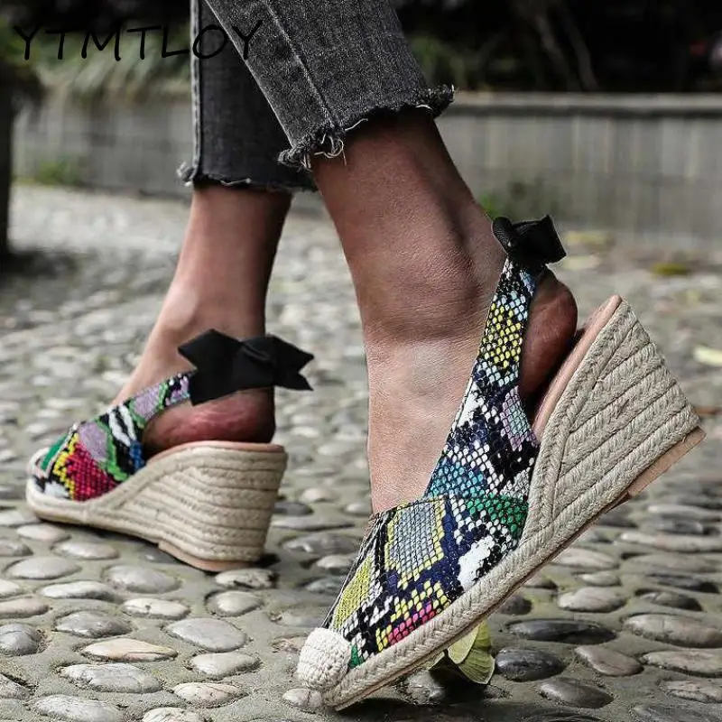 2021 Slope Heel Women Sandals Summer Fashion Buckle Snake Print Solid Casual Office Party Wedding Shoes Large Size Ladies Sandal | Обувь