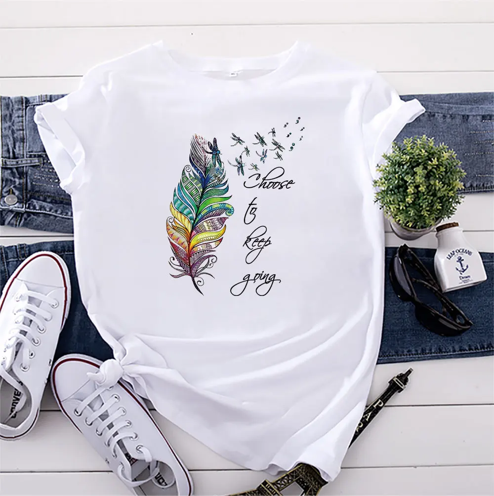 

Fashion Feather Printed Womens Tshirts Harajuku Breathable Tops Casual Summer Clothes Brand Oversized Tshirt Women Tees