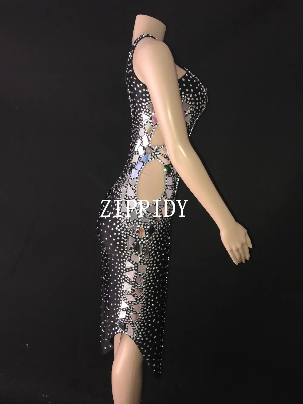 Flashing Silver Mirrors Rhinestones Dress Birthday Celebrate Black Shining Stage Latin DRESS Evening Bar Singer Dancer Show Outfit