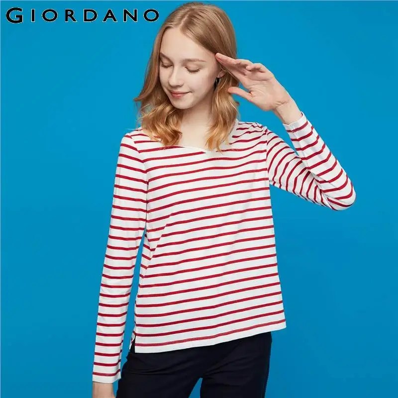Giordano женская футболка в полоску с v-образным вырезом и длинным рукавом, хлопковая Футболка с разрезом по подолу, легкая полоска Poleras Mujer De Moda 05329879