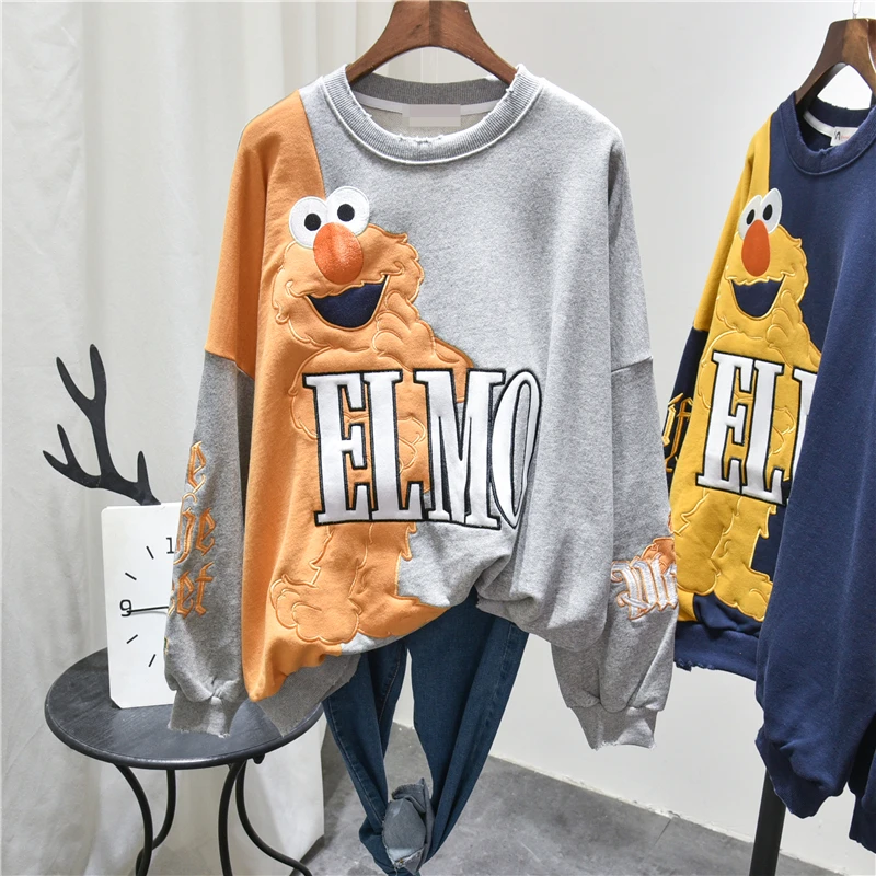 

2021 Spring Autumn Embroidery Women Top Korean-Style Loose Plus Size European Hoodie Cartoon Sesame Street Student Sweatshirt