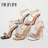 transparent rhinestone metal chain womens sandals crystal stiletto high heels open toe gladiator summer party sexy ladies shoes