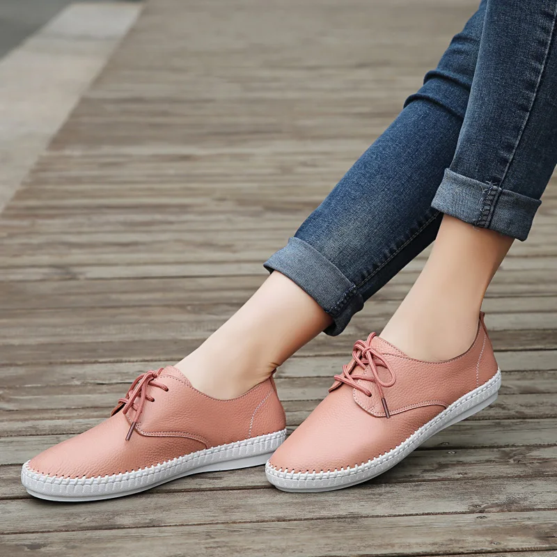 Женская кожаная обувь на низком каблуке удобная повседневная плоской платформе