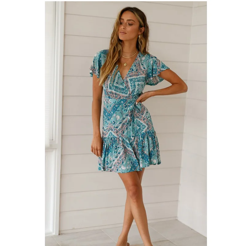 

2021 Women Dress Summer New Bohemian Beach Holiday Style Elegant Short-sleeved Print V Collar Slim Pleated Female Mini Dress