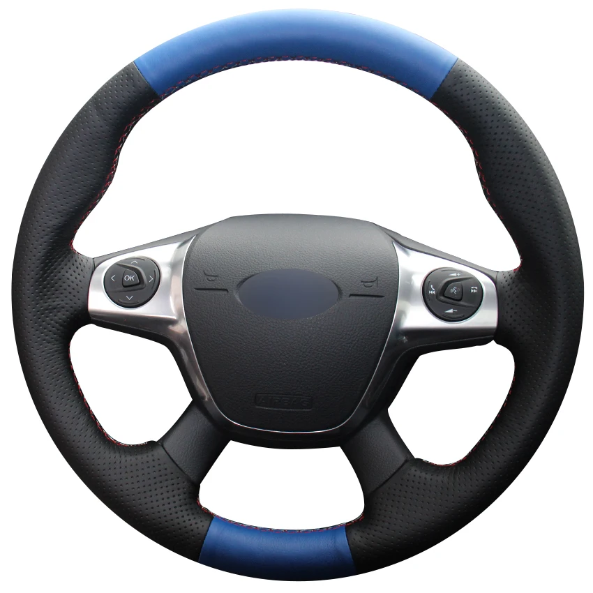 Синий натуральный кожаный черный чехол рулевого колеса автомобиля для Ford Focus 3 2012