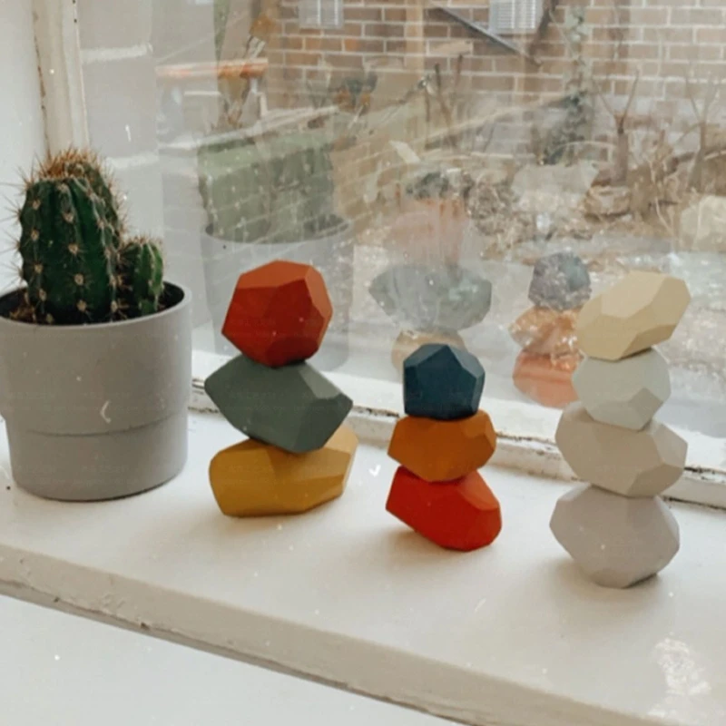 

16 Pcs Children Wooden Colored Stone Kids Creative Educational Montessori Toys Gifts Stacking Game Building Block