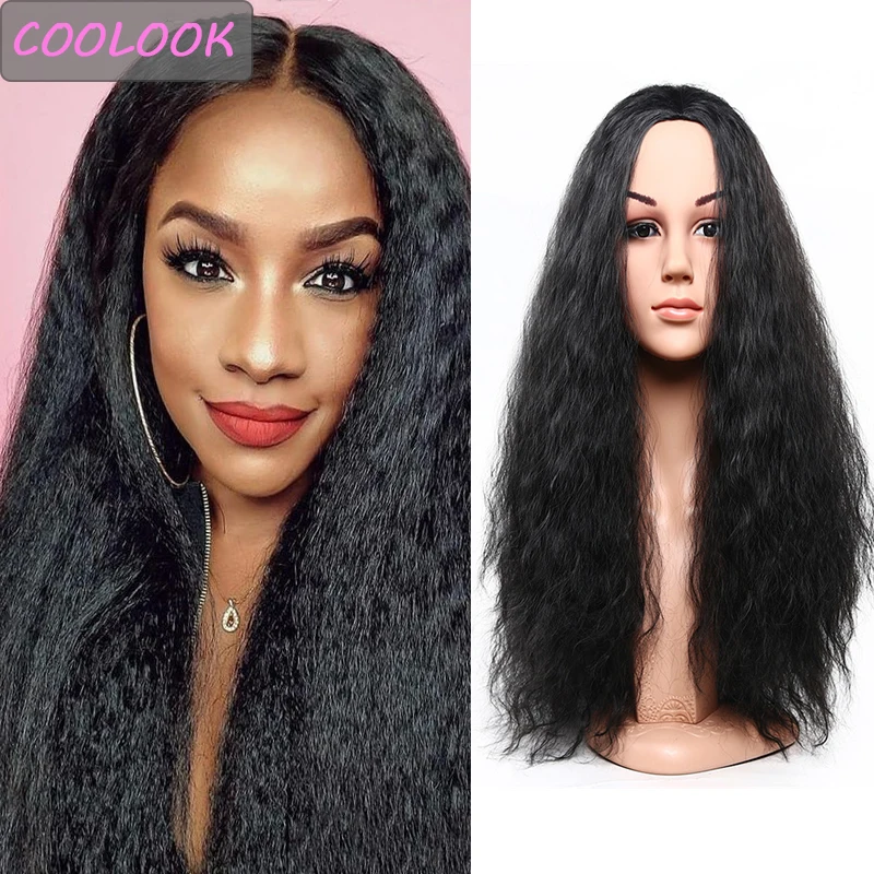 

Afro Kinky Straight Hair Wig Middle Part 22 Inch Long Yaki Straight Wigs for Black Women Synthetic Fibre Cosplay Water Wave Wig