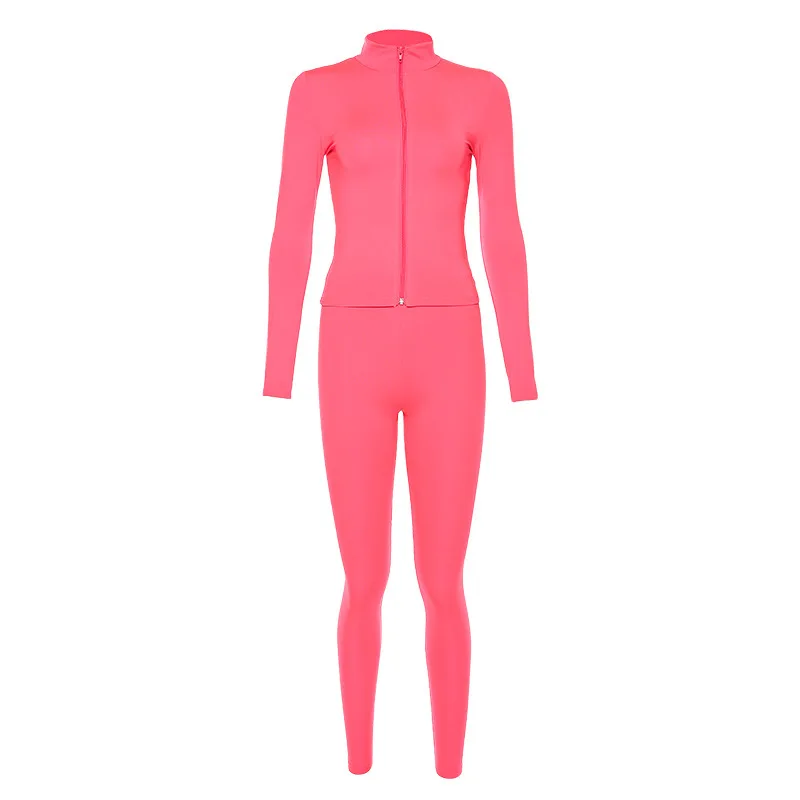 

Pink Two Pieces Set Women Fitness Sportswear Autumn Long Sleeve Skinny Tops Elastic Leggings Tracksuit New Women's Suits