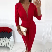 red elegant women dress autumn fashion sexy deep v neck lace up long sleeved slim vintage solid office ladies party dresses