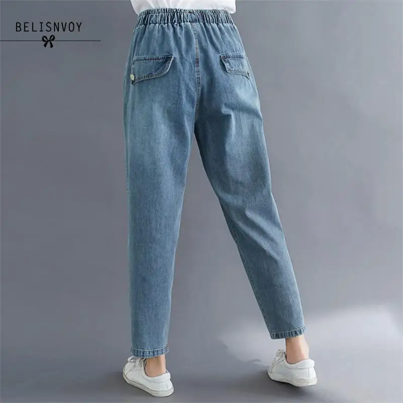 

2020 Summer Autumn Female Vintage Loose Cropped Jeans Elastic Waist Cotton Scratched Patchwork Harem Denim Blue Trousers