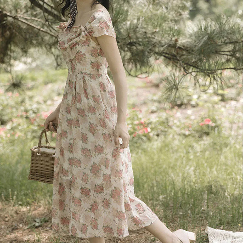 2021 Summer New Vintage Women Fairy Dress French Strap Floral Printed Hollow Out Romantic Vestidos Elegant Florals Chiffon | Женская
