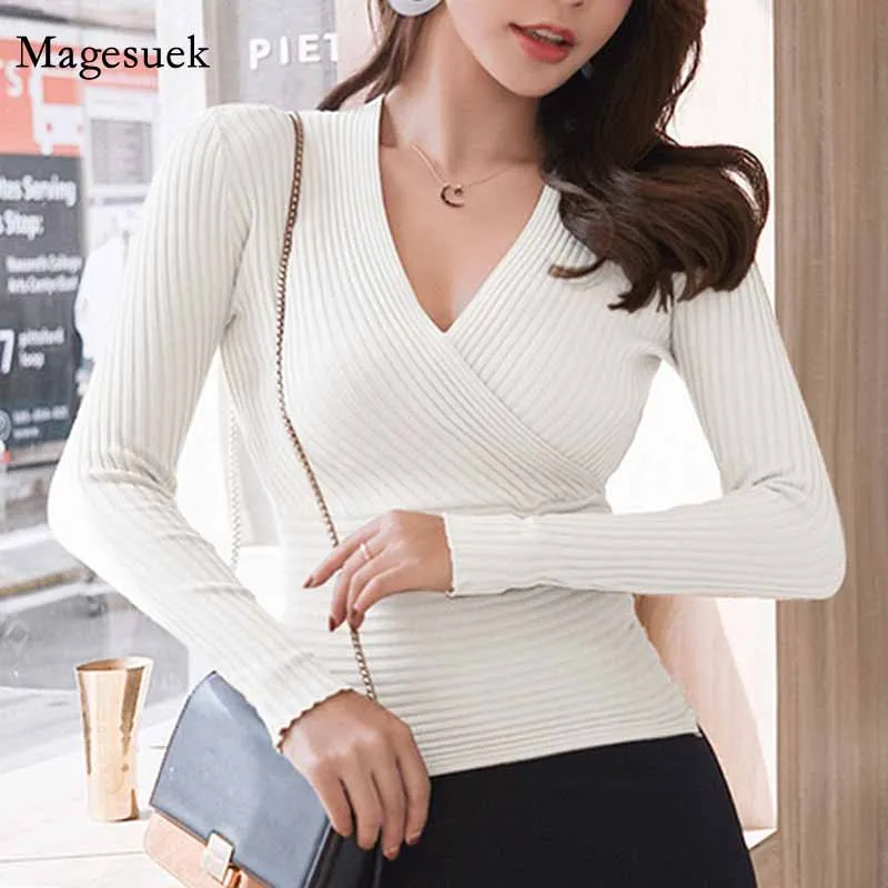 

Slim V-neck Solid Knitwear Sweater Knit Sweater Women Pullover Korean 2020 Autumn Women Long Sleeve Cotton Winter Clothes 10452
