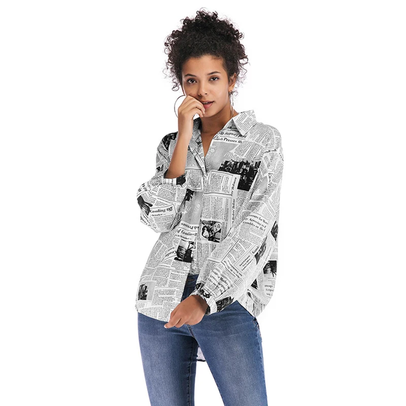 

Women Spring Casual Shirts Loose Style Female Vintage Shirts Turn-down Collar Woman Long Sleeve Shirts Ladies Newspaper Print