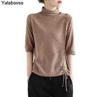 2021 autumn soft khaki knitted turtle neck half sleeve loose pullover solid color inner knit sweater bottoming tees and tops