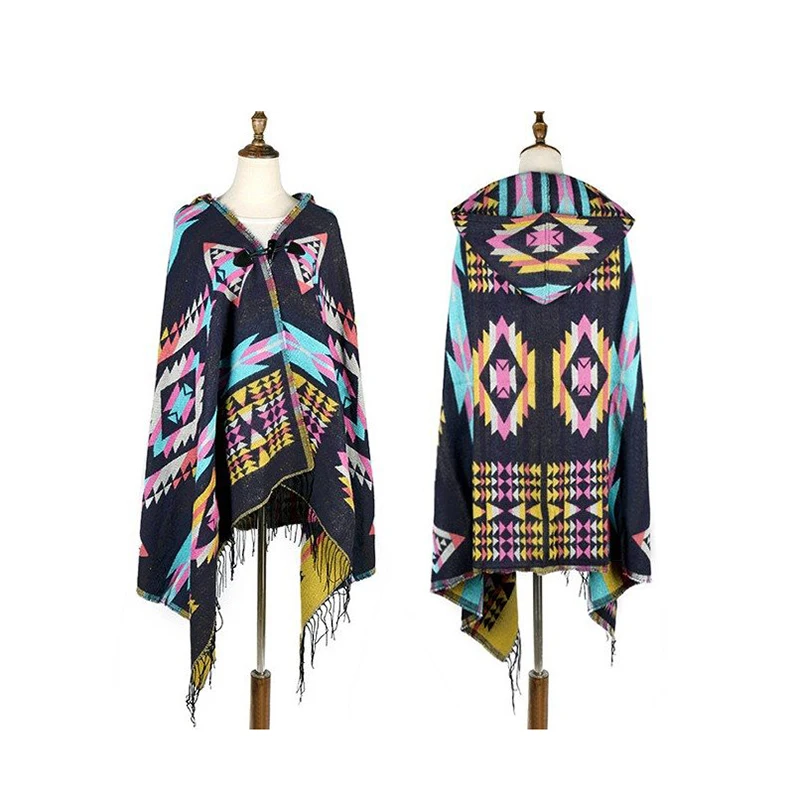 Ladies Warm Winter Scarf imitation Cashmere Bohemian National Wind Hooded Horn Buckle Cloak Travel Air Conditioning Shawl | Аксессуары