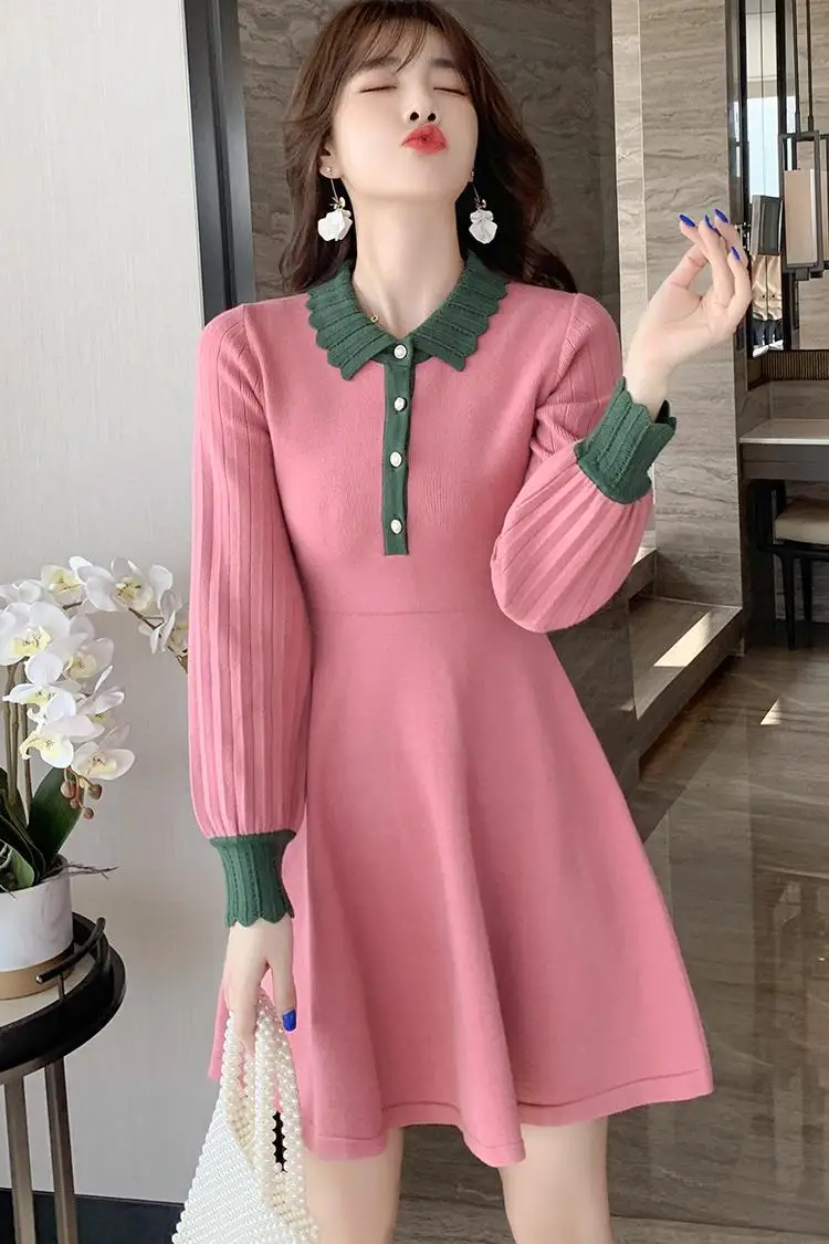 

Suofun A-line Sweet Long Sleeve Slim 2021 New Fashion Women's Temperament Small Peter Pan Collar Spring Pink Lady Mini Dress