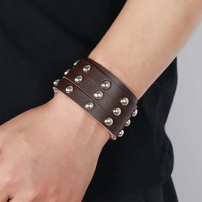 

LETAPI New Fashion Genuine Leather Male Cuff Bangles Punk Vintage Three Layers Wide Black Brown Bracelet for Men