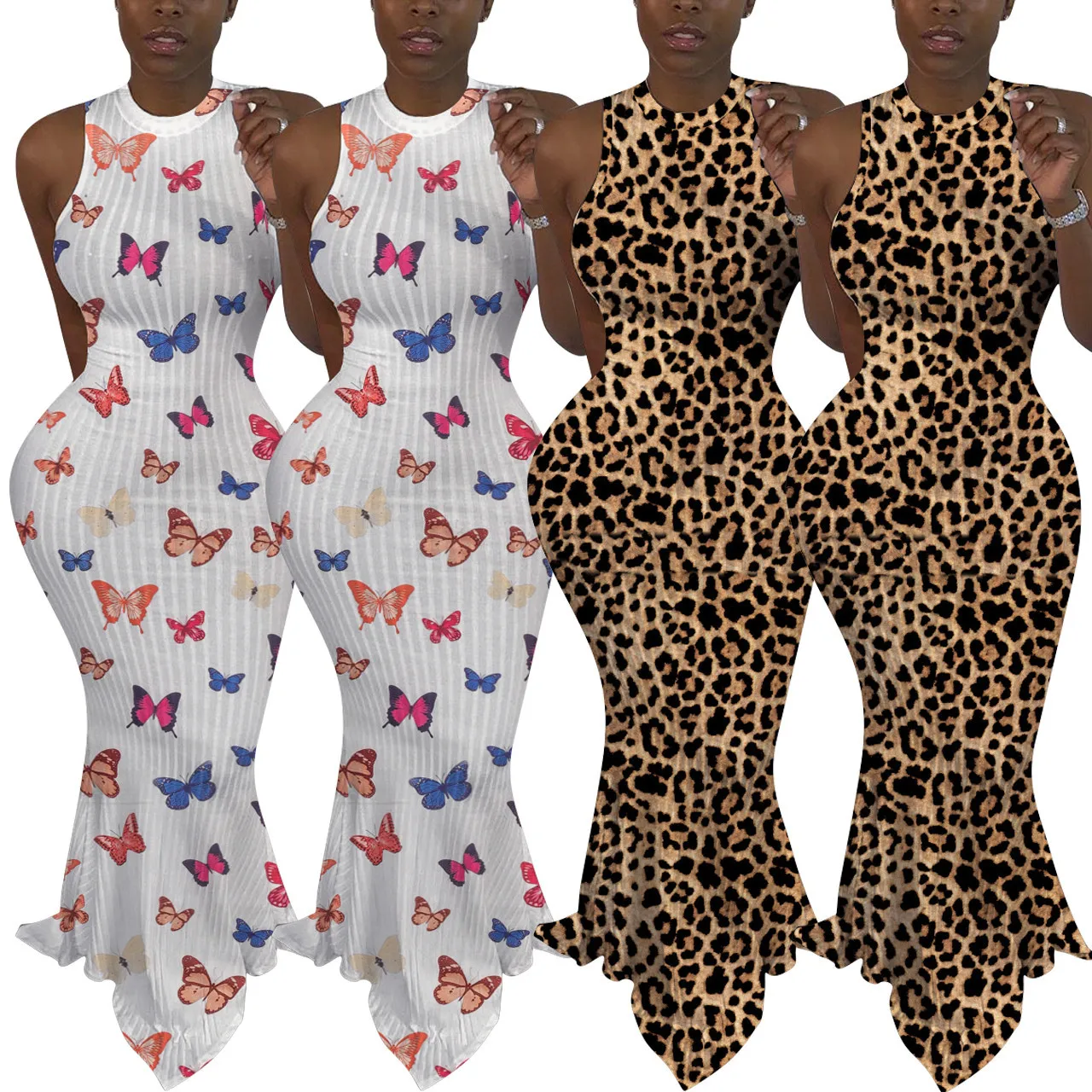 

African Dresses for Women Dashiki Leopard African Clothes Plus Size Summer Butterfly Printed Retro Bodycon Long Africa Dress