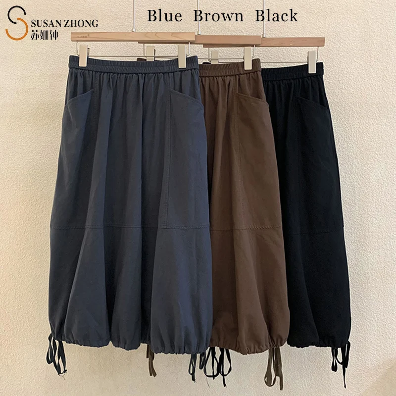 

Women Skirt Female Designer Minimalist Fall Spring Ball Gown Vintage Plaid Check Cotton Elastic Waist Side Draped Pockets Calf