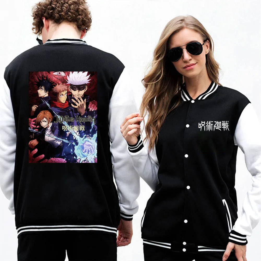

Anime Jujutsu Kaisen poster Street Print Men Baseball Uniform Winter Loose Sportswear Casual Fleece Jacket Harajuku Streetwear