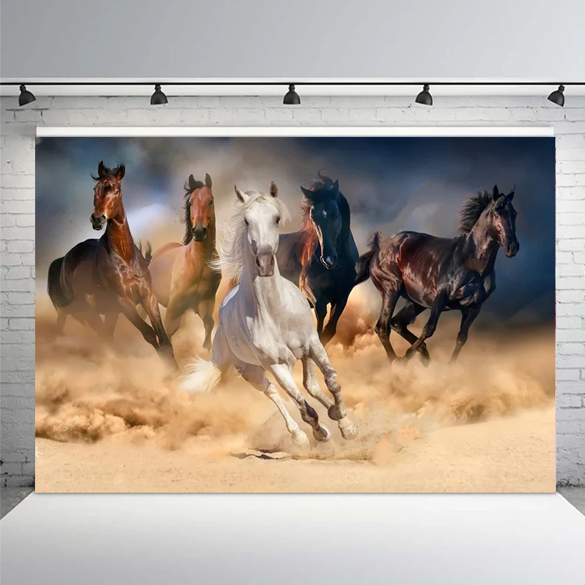 

Wild Horse Herd Desert Sand Storm Against Dramatic Sky Backdrop Vinyl Photo Wallpaper Wall Living Room Background Decoration