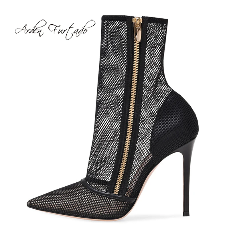 Модная Летняя женская обувь Arden Furtado сексуальные сетчатые сапоги с острым носком