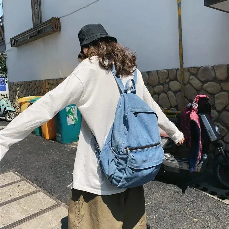 

New Ladies Denim Shoulder Bag Female Vintage Shoulder Backpacks Denim Retro Port Wind Harajuku Student Travel Bag Mochila