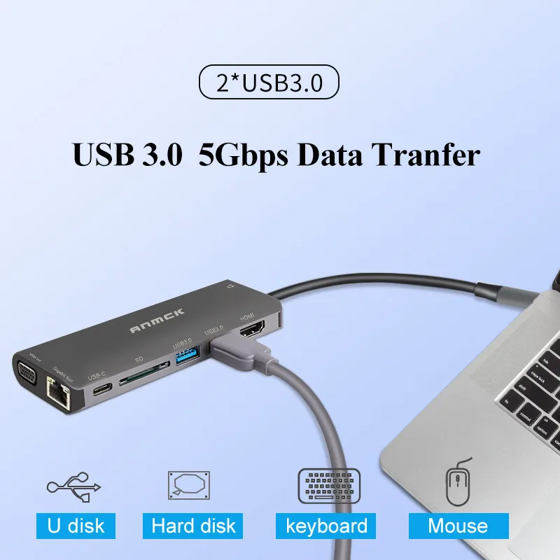 USB-концентратор Anmck usb-c на HDMI VGA RJ45 PD Thunderbolt 3 адаптер для MacBook Samsung Galaxy S9 Huawei P20 Pro Type-C 0