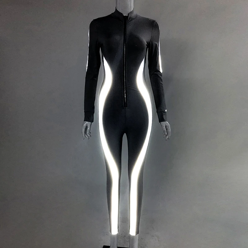 

Angjulie Women Skinny Jumpsuit Reflective Striped Patchwork Fitness Bodysuit 2020 Winter Fashion Sportwear Nightclub Bar Rompers