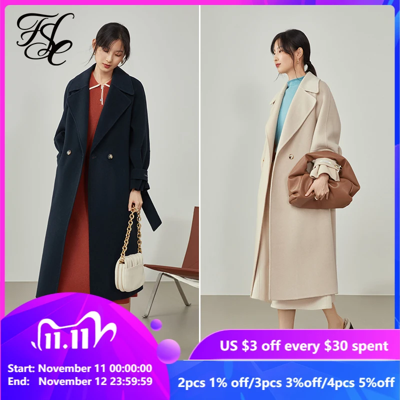 FANSILANEN Women Lapel Dark Blue Woolen Coat Mid-length Beige Long Double-sided Cashmere Coats Belt Design Women Commuter Jacket