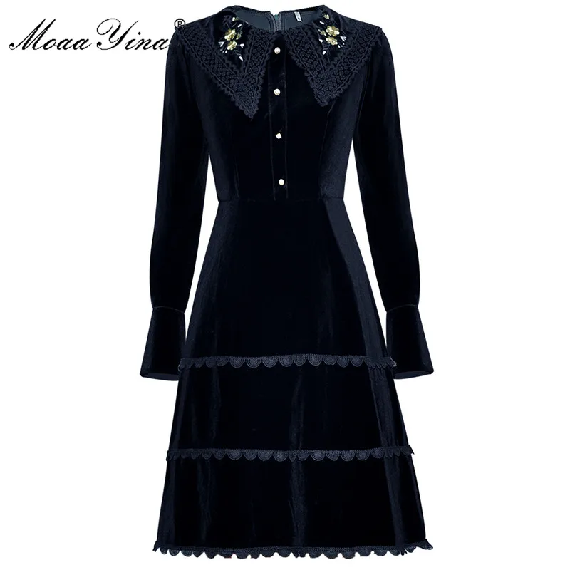 

MoaaYina Fashion Designer dress Spring Women's Dress Embroidery turn-down collar Long sleeve Velvet Slim Elegant Vintage Dresses