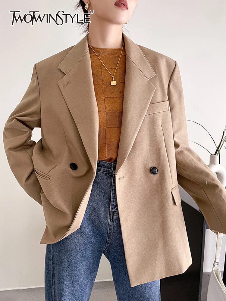 

TWOTWINSTYLE Plain Blazer Coat For Women Notched Loose Long Sleeve Double Breasted Coats Female 2021 Autumn Fashion Clothing New