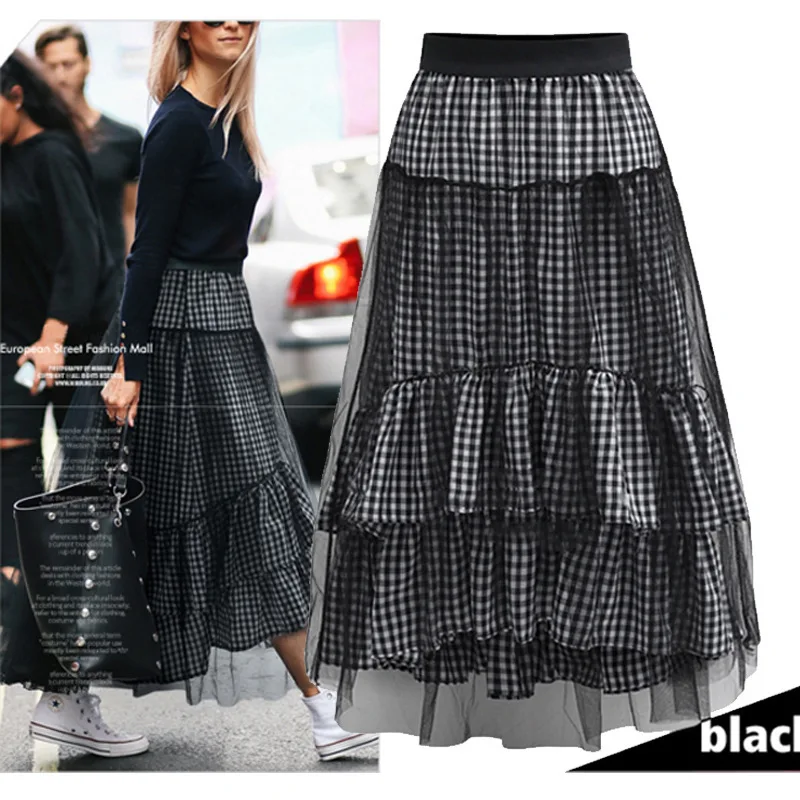 Юбка женская плиссированная длинная в клетку черная сетчатая школьная