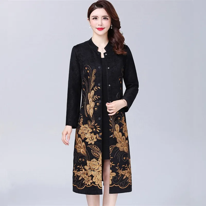 Женское тонкое пальто с вышивкой Длинная ветровка в стиле ретро размера плюс 5XL 164