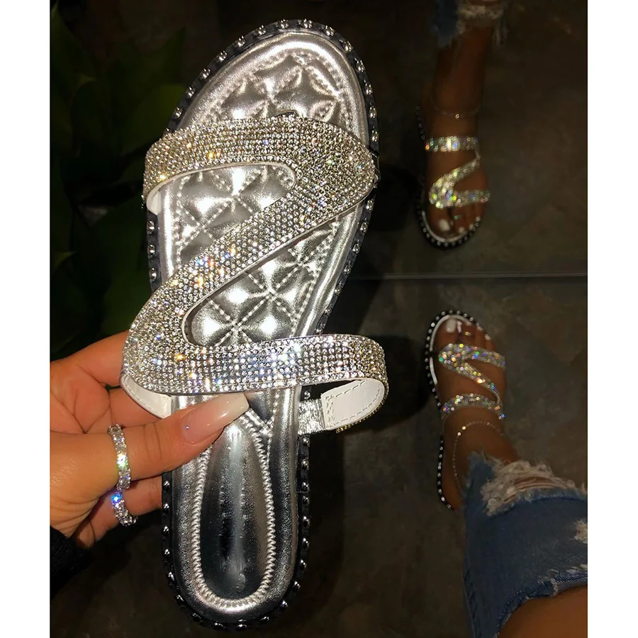 Сланцы стразы женские пляжные шлепанцы с кристаллами блестящие сандалии без