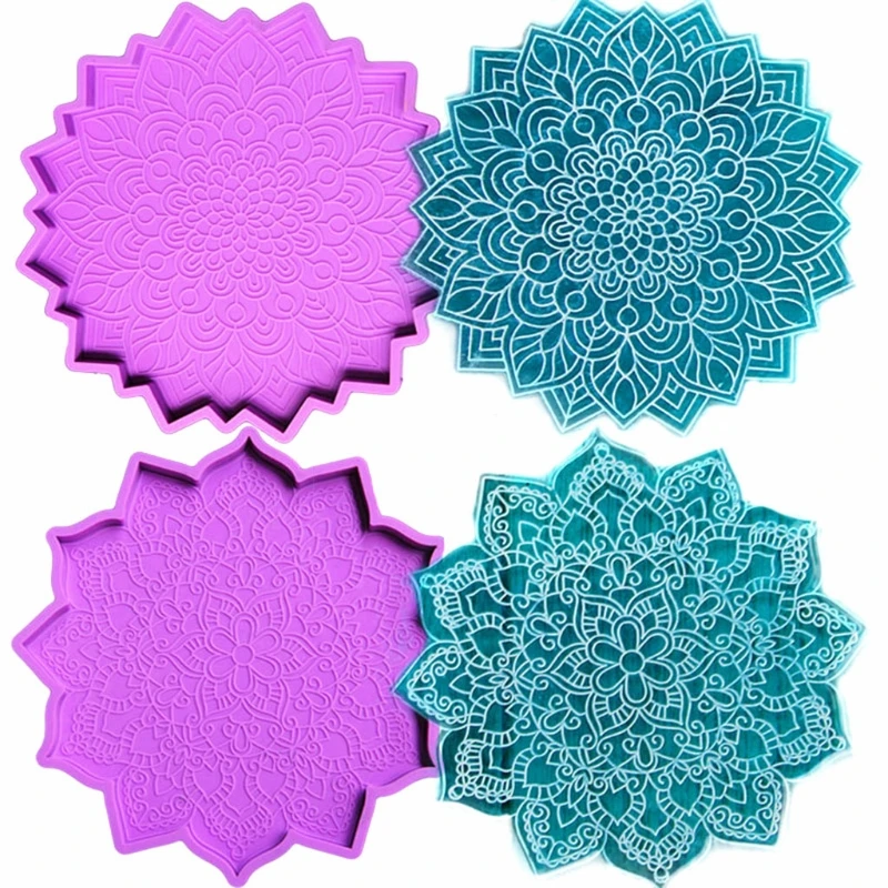 

J60E 2 Pcs Mandala Coaster Epoxy Resin Mold Flower Cup Mat Casting Silicone Mould DIY Crafts Ornaments Decorations Mold