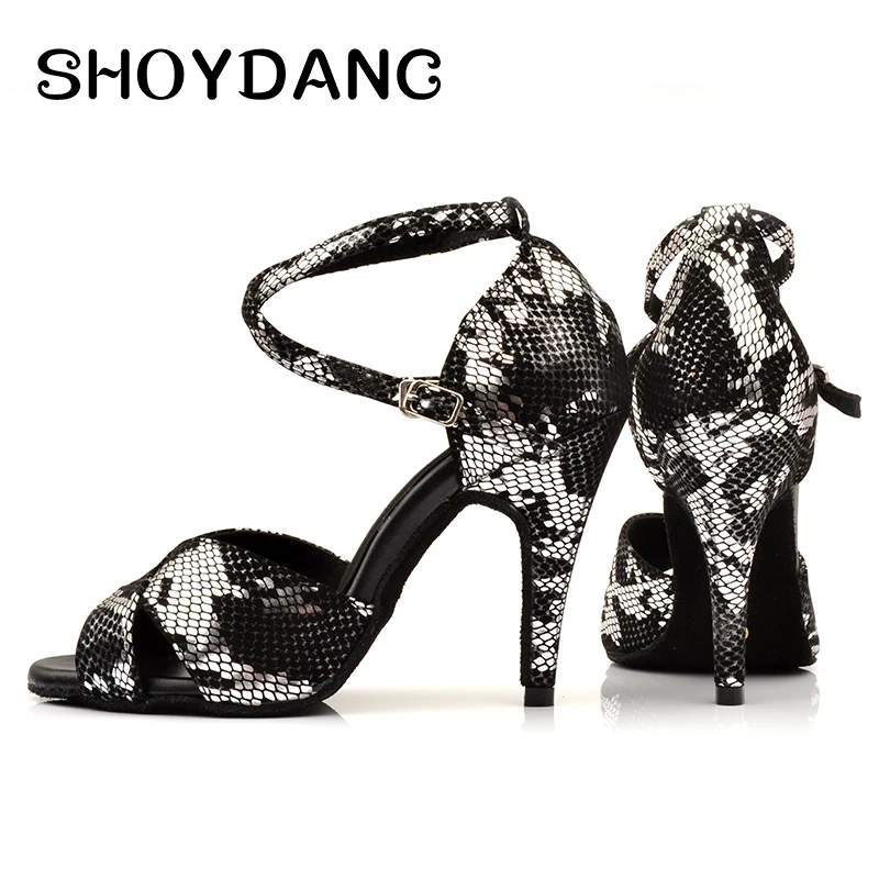 Женские туфли для латиноамериканских танцев черные со змеиным узором