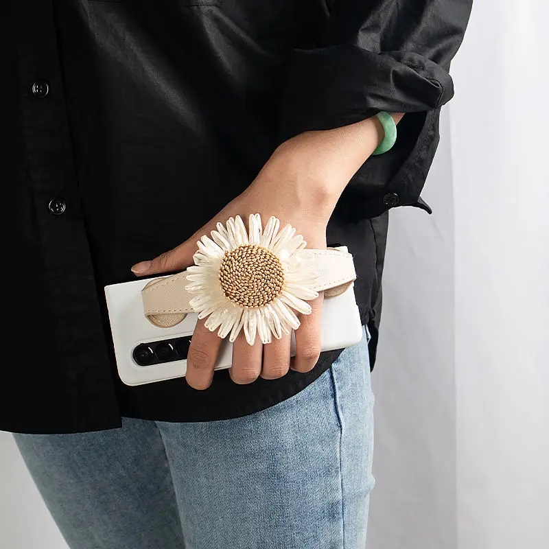 

For Samsung Galaxy Z Fold 3 Case All Wrapped Simple Phone Case Portable Wrist Strap plus Sunflower New Ins Style