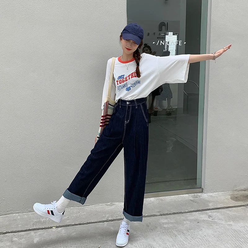 Женские джинсовые брюки с высокой талией и широкими штанинами модные