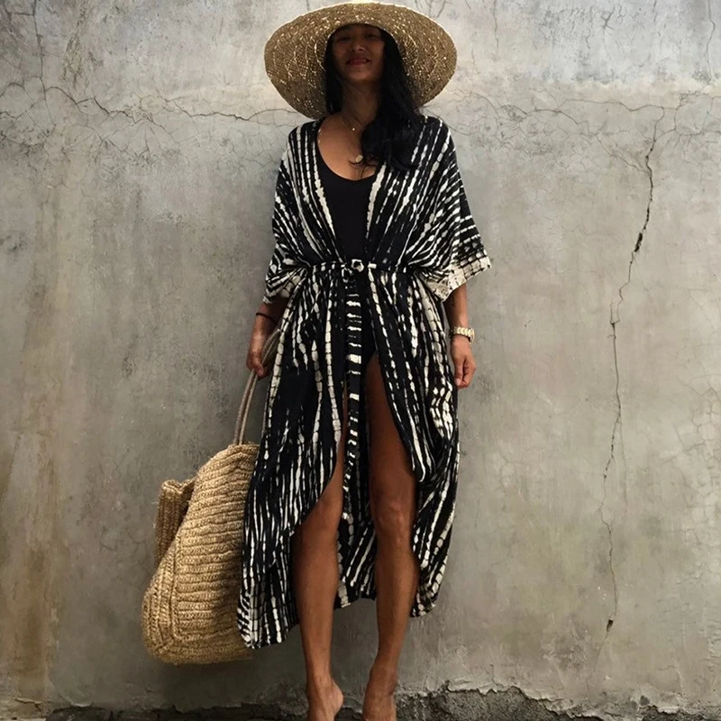 

2021 Bohemian Black Retro Striped Batwing Sleeve Self Belted Plus Size Long Kimono Dress Tunic Women Summer Beach Dress N1225