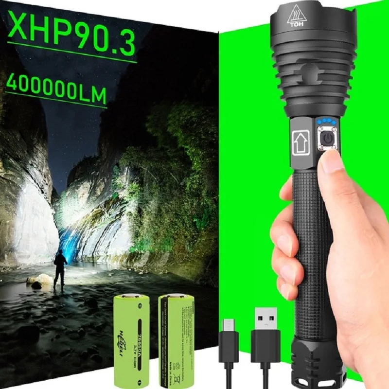 

Мощный светодиодный фонарик для охоты, 9000 люмен, XHP90.3, мощный перезаряжаемый USB фонарь с аккумулятором фонарь 18650 26650